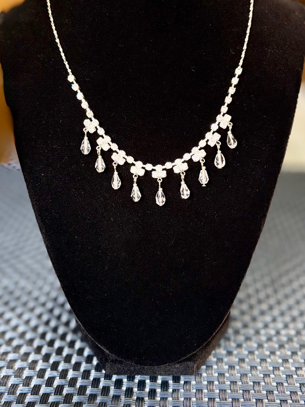 Silver and Crystal Teardrop Fringe Necklace
